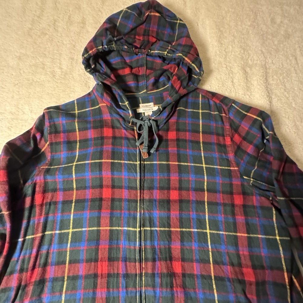 L.L.Bean Men's XL Relaxed Fit Plaid Flannel Hooded Full Zip Shirt Jacket